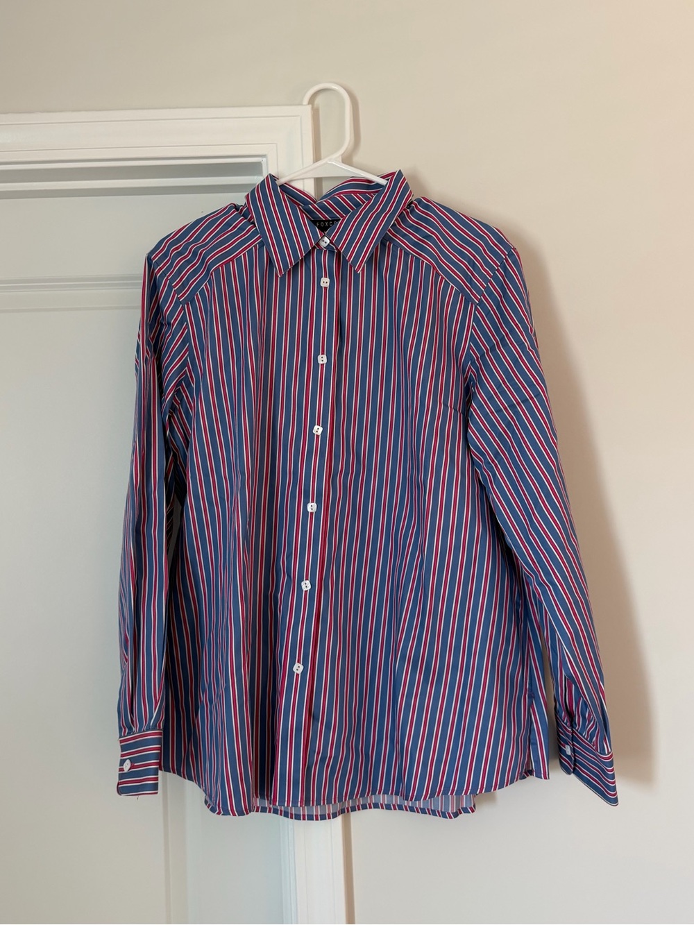 Foxcroft Blue Button-Down Shirt with Fuchsia and White Stripes